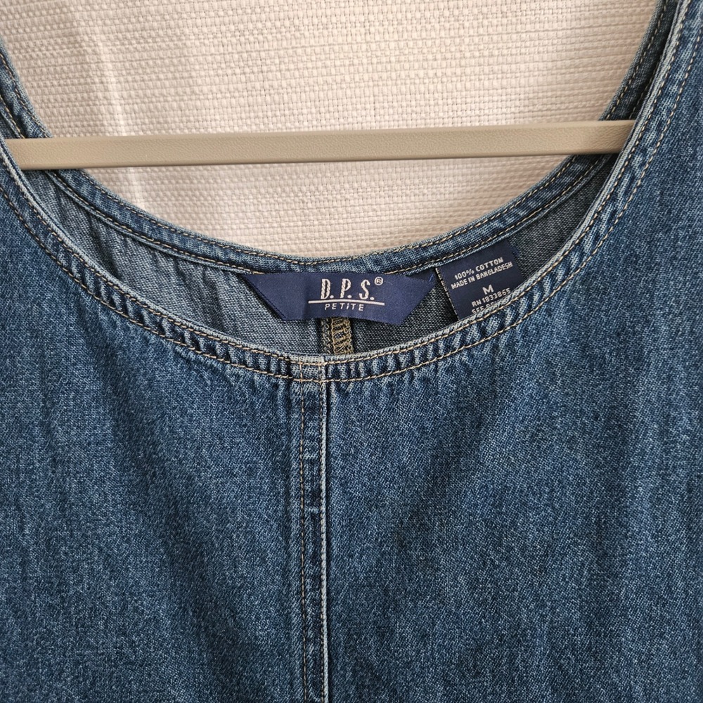 Vintage Denim Jumper Dress Women M Side Buttons 100% Cotton Midi Pinafore - Picture 5 of 7